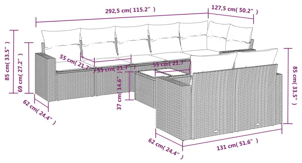 9 részes barna polyrattan kerti ülőgarnitúra párnákkal