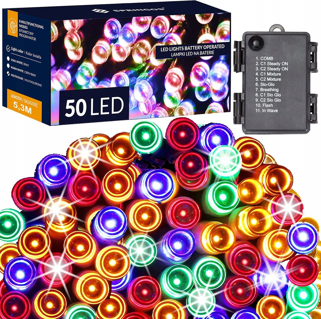 Karácsonyfa fényfüzér Multikolor+fehér 50 Led 5m Kültéri 8 funkciós Akkumulátor