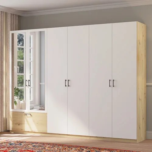 ALTA Óriás Gardróbszekrény Tölgy/Matt Fehér Színben, Tükörrel. 270 cm