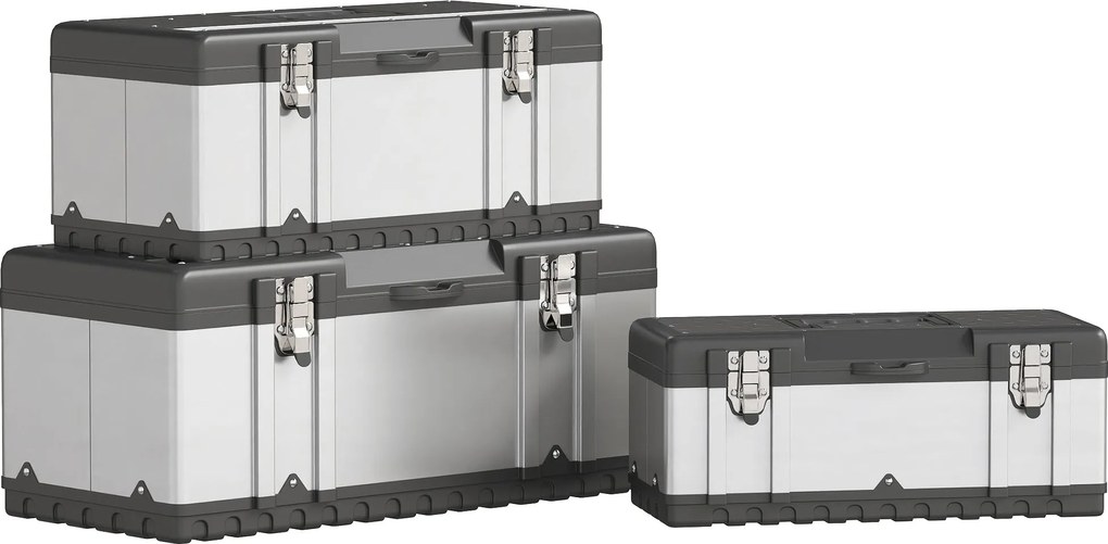 HOMCOM 3 részes szerszámtároló szett üres szerszámdoboz, levehető tálcával, fogantyúkkal és zárakkal, rozsdamentes acél szerszámdoboz, Fekete+Ezüst |