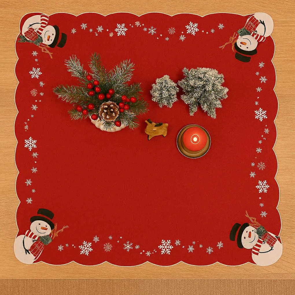 Karácsonyi hímzett terítő Hóember piros 85x85 cm TiaHome