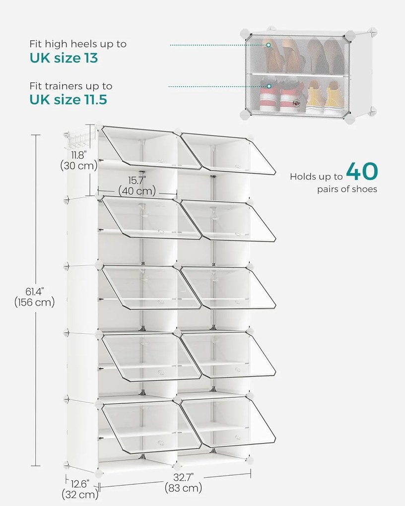 Összekapcsolható cipőtartó állvány fehér színben