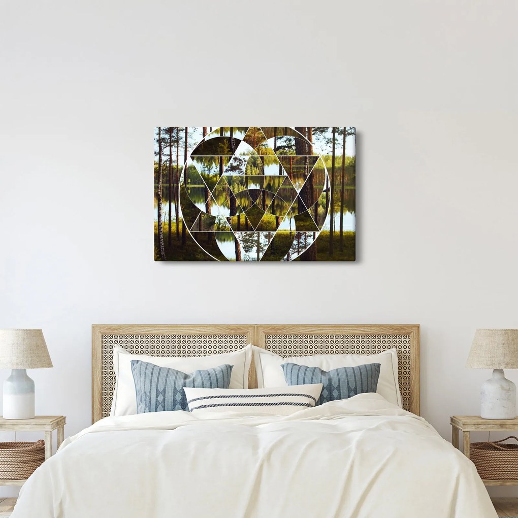 Kép - Geometrikus kollázs a skandináv erdők hátterében (90x60 cm)