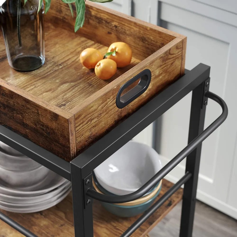 Konyhai tálaló kocsi, gurulós tároló polc, rusztikus barna 65x40x86cm