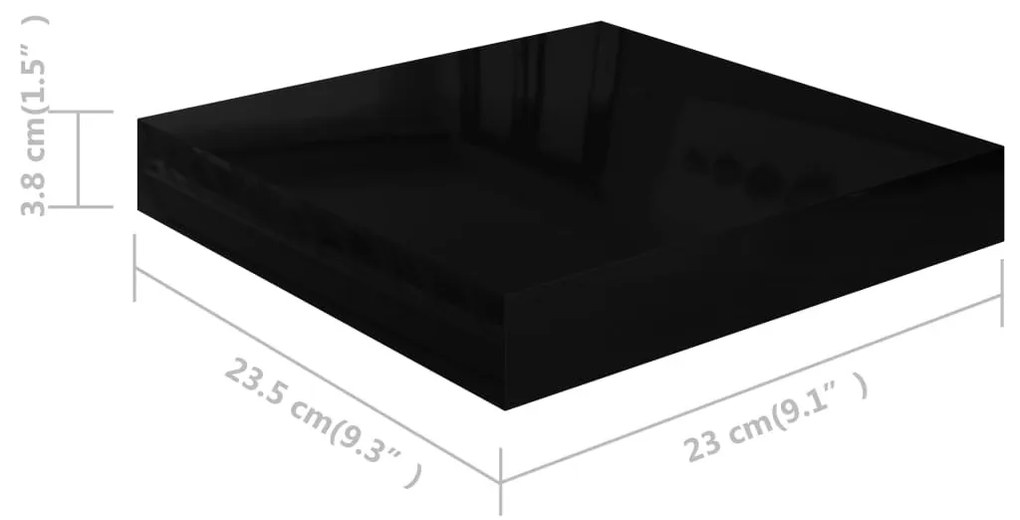 2 db magasfényű fekete MDF lebegő fali polc 23 x 23,5 x 3,8 cm