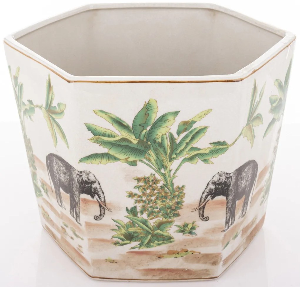 Törtfehér vintage szögletes porcelán 2db-os virágtartó kaspó szett elefántokkal festve 18x24,5x21,5 / 20x26,5x23,5cm