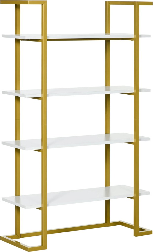 HOMCOM 4-Szintes Emelt és Többcélú Könyvespolc, MDF-ből és Acélból, 92x35x152cm, Fehér és Arany | Aosom