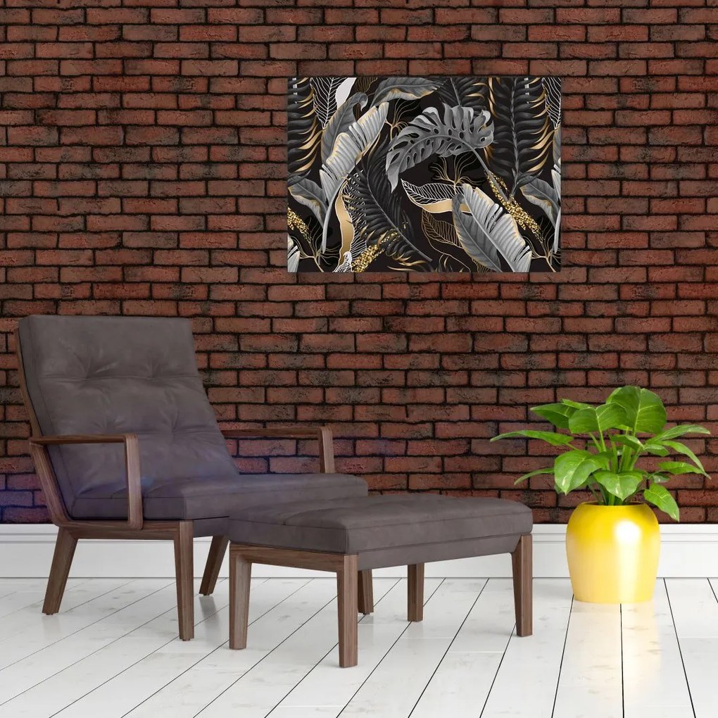 Kép - Trópusi levelek fekete és arany színben (üvegen) (70x50 cm)