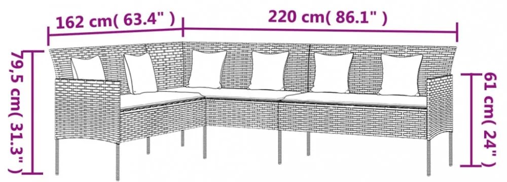 L-alakú szürke polyrattan kerti kanapé párnával