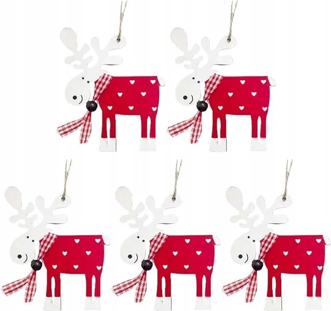 Karácsonyfa medál rénszarvas – fa karácsonyi díszek piros 5 db