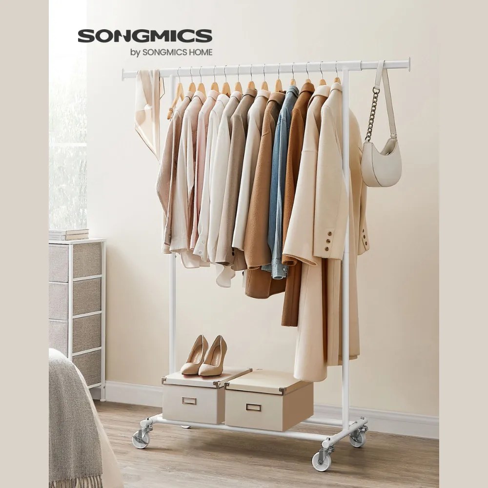 INEZ ruhatartó állvány kerekekkel, max. 90kg, 83,5x45x160cm, fehér SongmicsHome