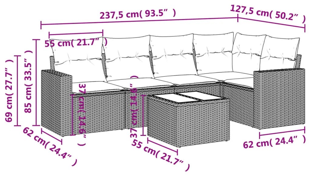 6 részes világosszürke polyrattan kerti ülőgarnitúra párnákkal