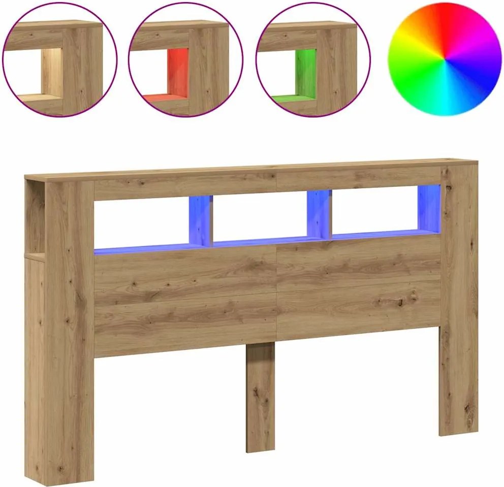 vidaXL kézműves tölgyszínű szerelt fa LED-es fejtámla 180x18,5x103,5cm