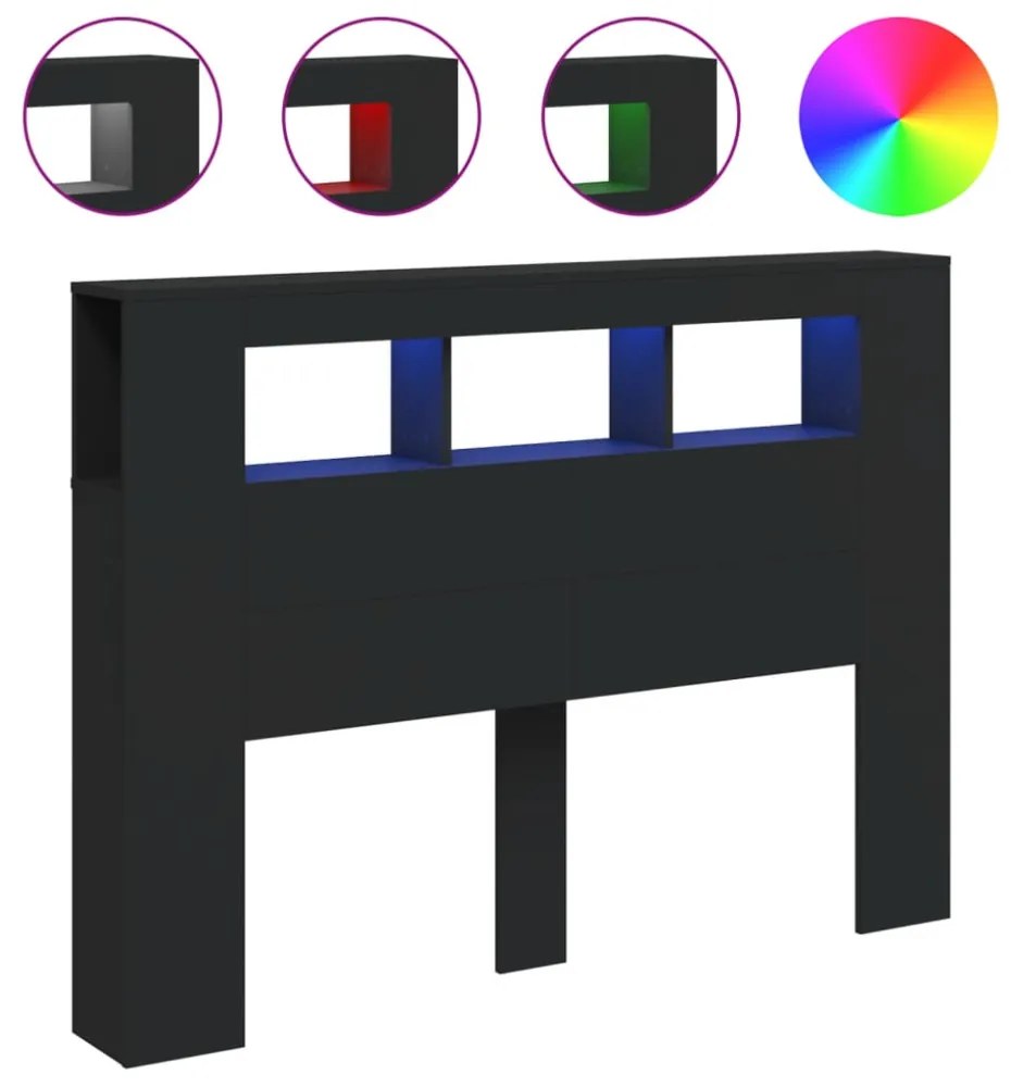 fekete szerelt fa LED-es fejtámla 140x18,5x103,5 cm