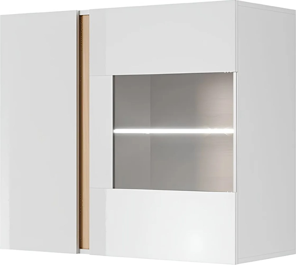 Fali vitrines szekrény 96, fehér/tölgy grandson/magasfényű fehér, CITY