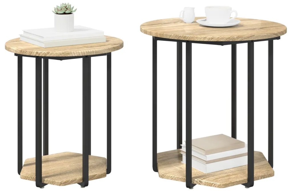 2 db-os oldalsó asztal Sonoma tölgyből, mérnöki fából és fémből