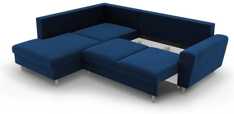 Kék bársony kinyitható tárolóhelyes sarokkanapé (bal oldali-L alakú) Kyoto – Cosmopolitan Design