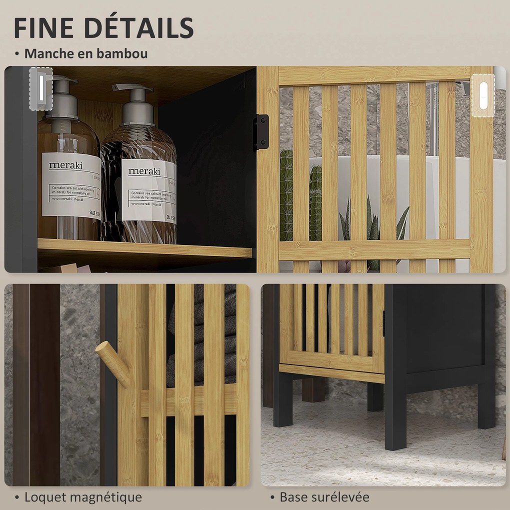 HOMCOM Alacsony Bambusz Fürdőszekrény 1-ajtós Szekrénnyel és Nyitott Félhellyel 32 x 30 x 90,5 cm, Fekete és Fa | Aosom