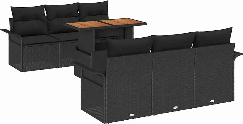 vidaXL Kerti Kanapé Szett 7 pcs Fekete Poli rattan és porbevonatú acél