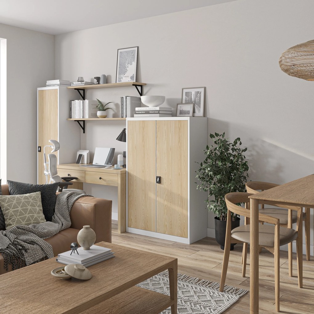 Alacsony fém irodai szekrény 3 polccal, fehér/sonoma tölgy, 900x1400x400 mm: KEVIN Eco Design