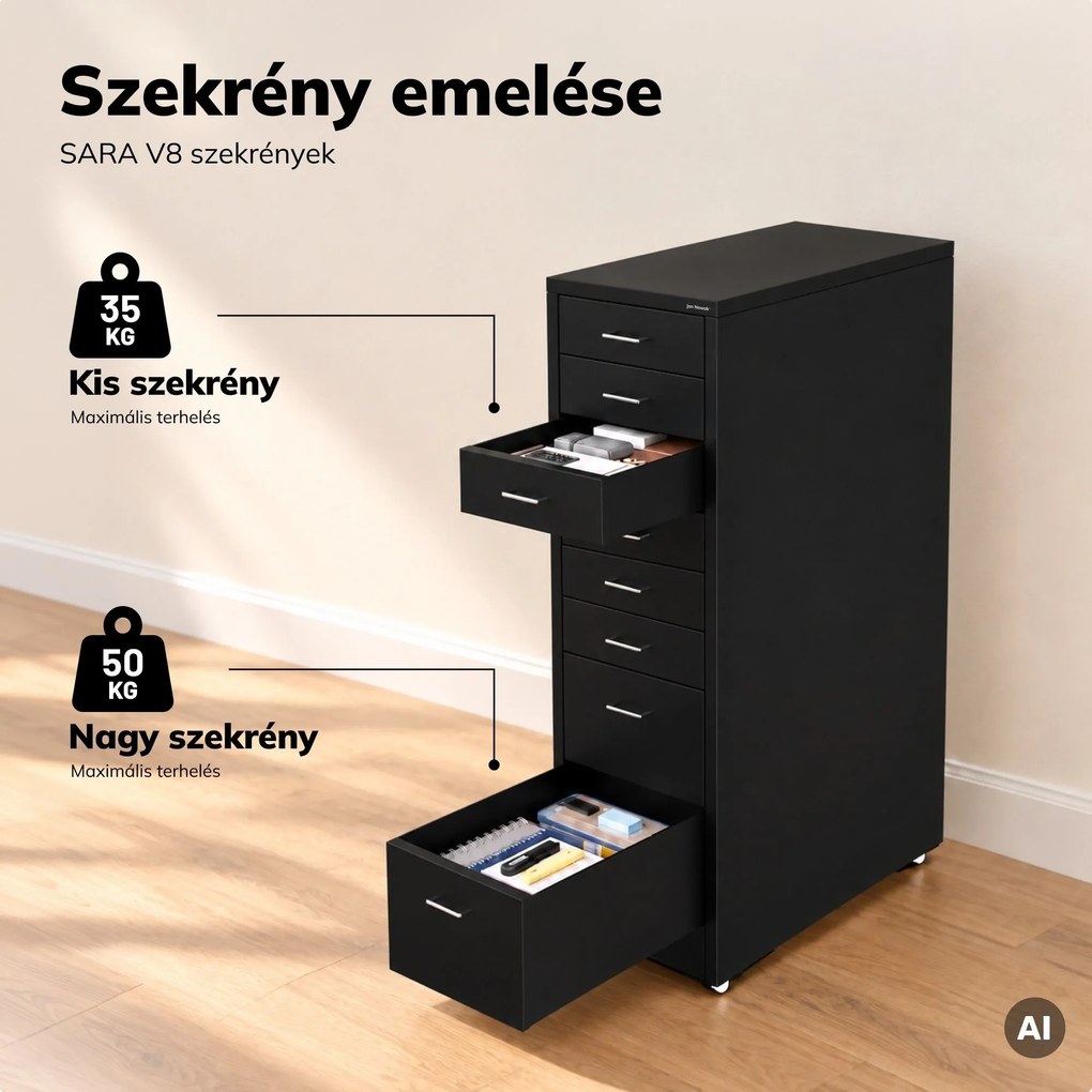 Kartotékszekrény görgőkkel, fém, 8 fiókos, dokumentumokhoz, fekete, 300x1100x600 mm: SARA V8