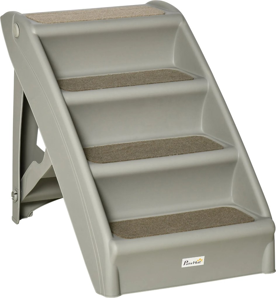 PawHut Összecsukható 4 Lépéses Állat Lépcső Kutyáknak és Macskáknak, Hordozható, Csúszásmentes Szőnyegekkel, 20 kg Teherbírás, 62x38x49.5 cm, Szürke |