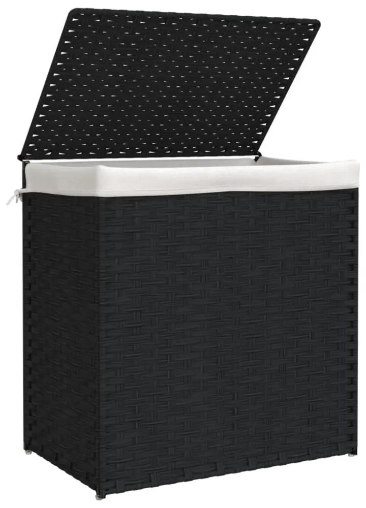 fekete polyrattan szennyeskosár 2 rekesszel 53x33x57 cm