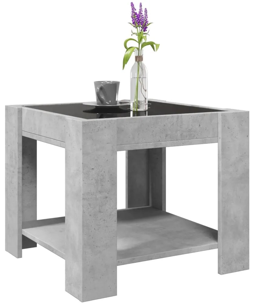 Betonszürke szerelt fa dohányzóasztal LED-del 53 x 53 x 45 cm