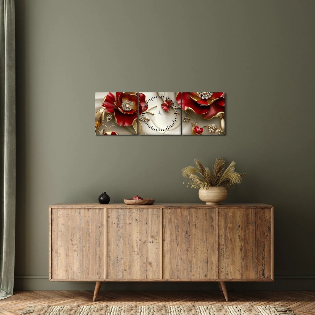 Kép - 3D piros-arany virágok (órával) (90x30 cm)