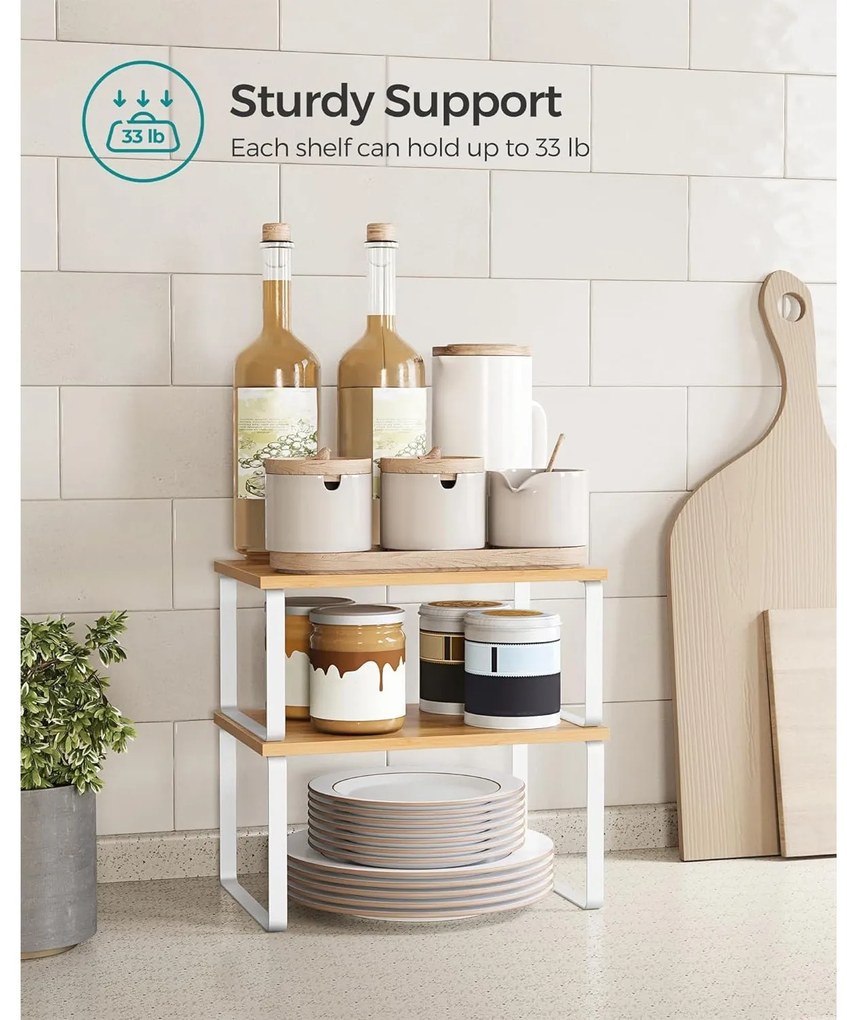 Bambusz fűszertartó, 2 db-os konyhai pult polcrendezők, natúr-fehér