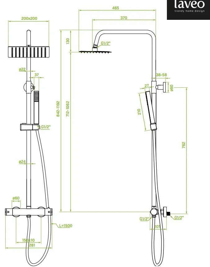 Laveo Pola, zuhanygarnitúra termosztatikus csapteleppel, króm, LAV-PLA_00TD