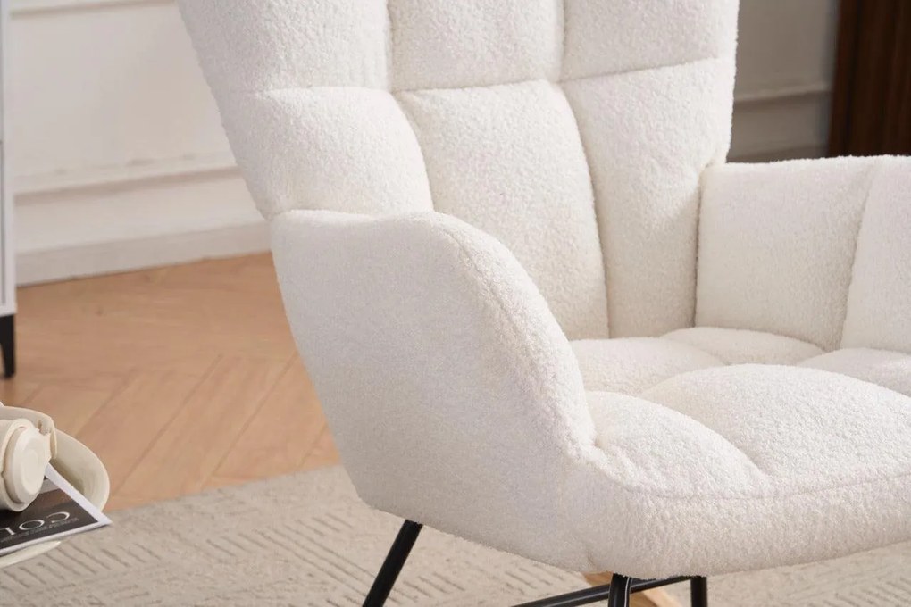 Hintaszék, relaxációs szék, szoptatós fotel plüss szövet kárpitozással, fehér színű