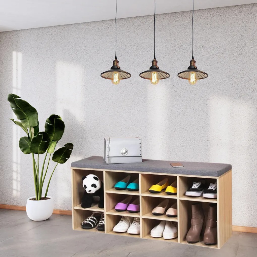 GABI cipősszekrény párnázott ülőkével, 10 rekesz, 104x30x48cm, szürke/világosbarna Jurhan