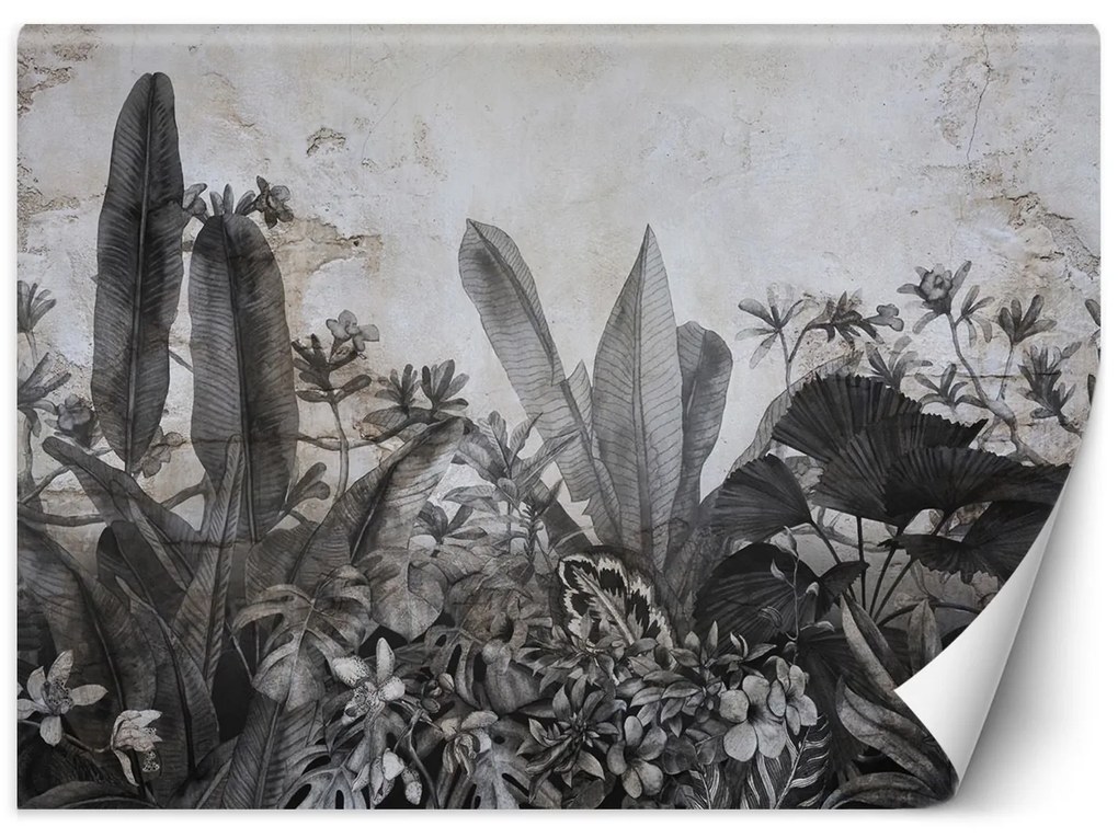 Gario Fotótapéta Fekete-fehér trópusi levelek betonon Anyag: Vlies, Méret: 150 x 105 cm