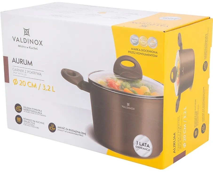 Valdinox Aurum lábas tapadásmentes felülettel és fedővel, 20 cm, 3,2 l