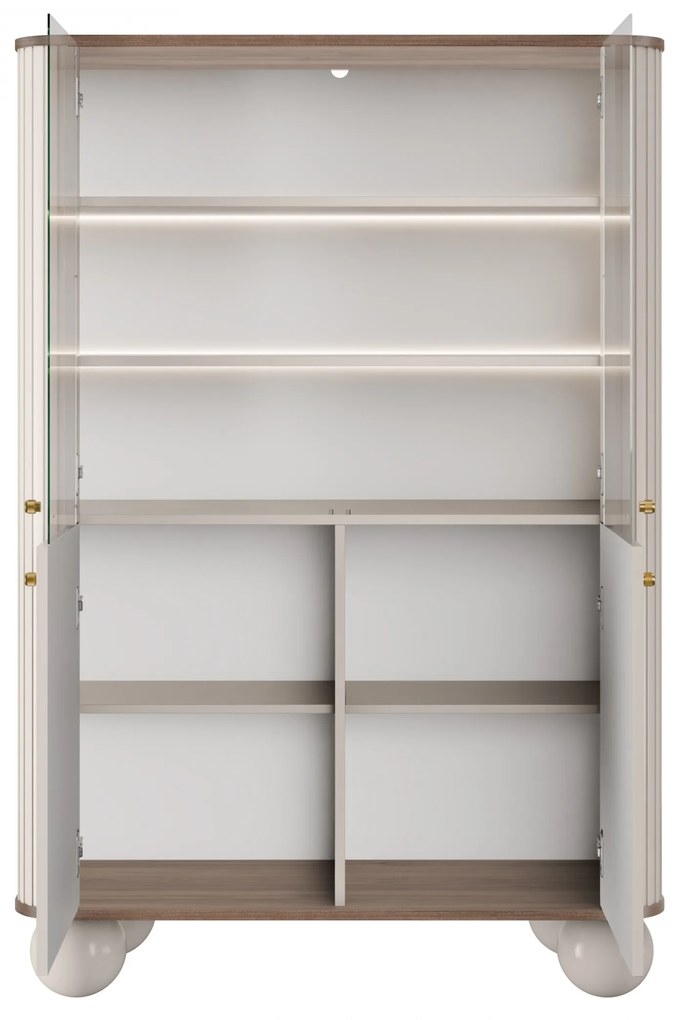 Vesper négyajtós vitrines szekrény 103 cm - kasmír / dió / arany fogantyúk / gömb lábak