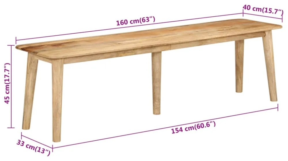tömör mangófa pad 160 x 40 x 45 cm