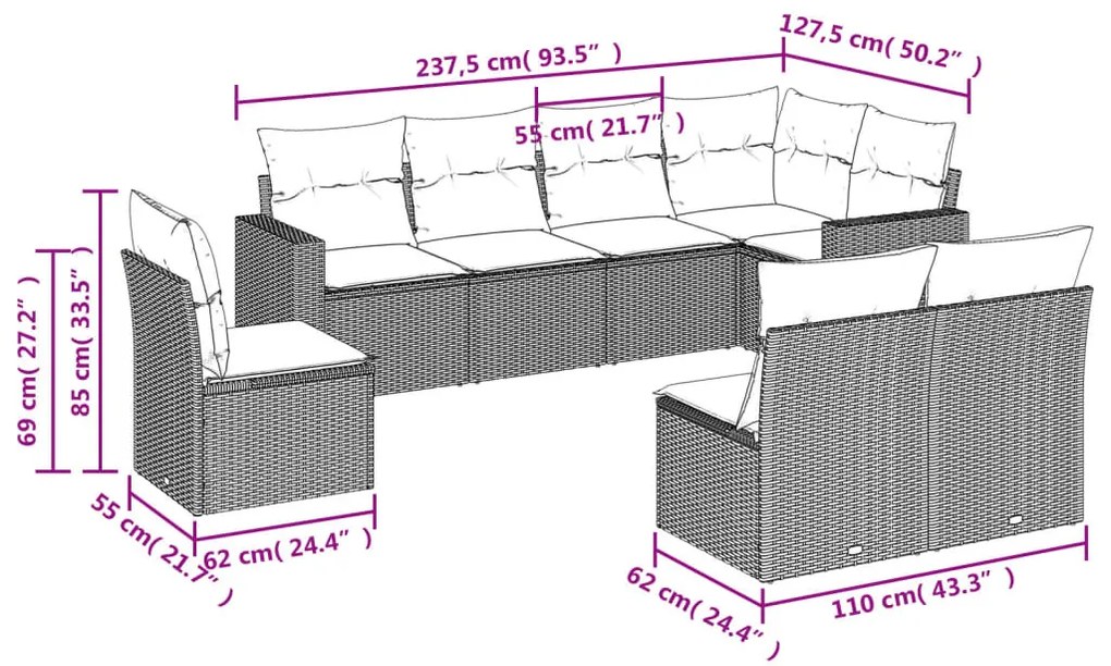 8 részes fekete polyrattan kerti ülőgarnitúra párnákkal