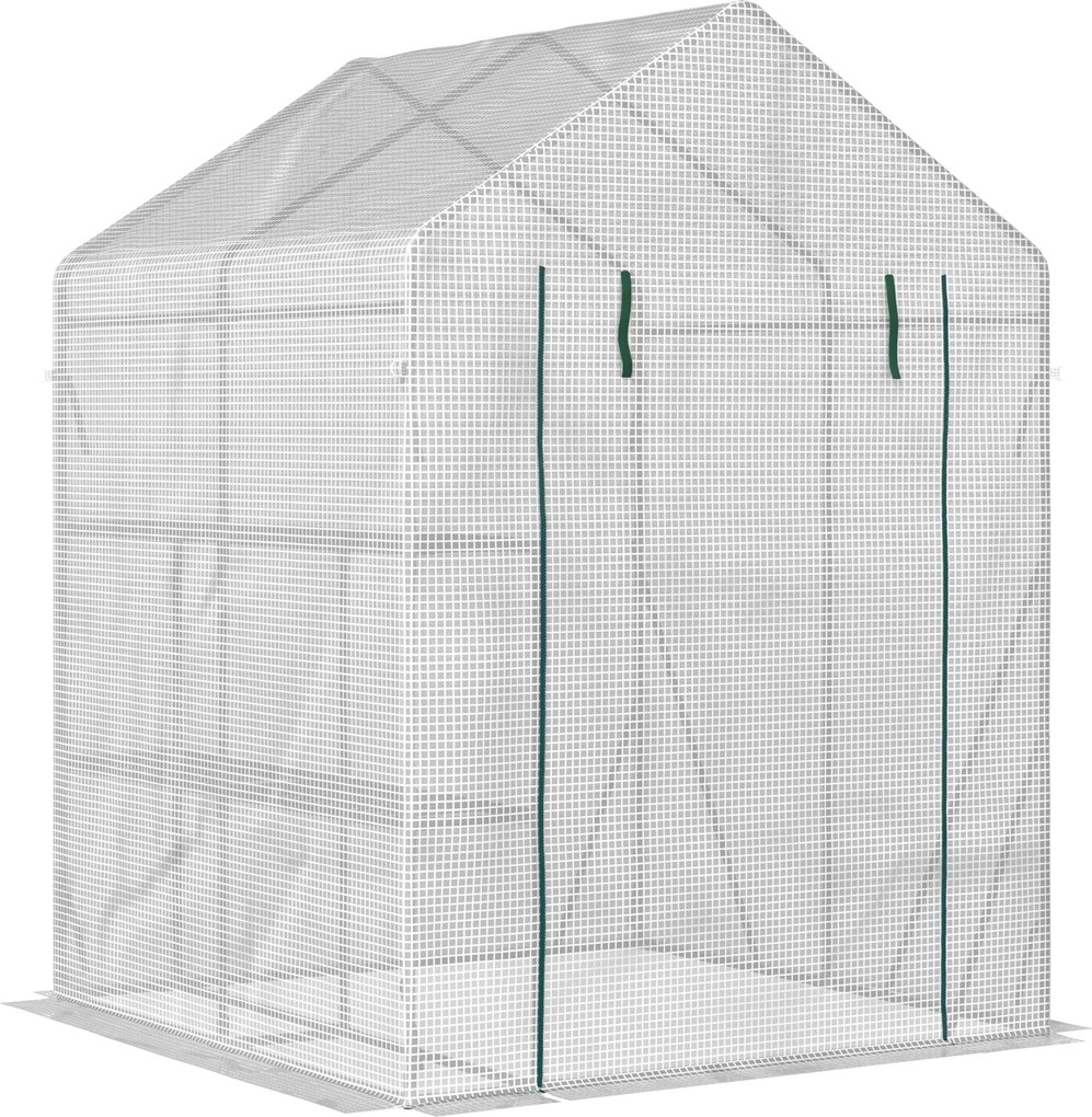 Outsunny Zöldház Walk-in Zöldház 4 Polccal Paradicsom Zöldház Cipzáras Ajtókkal Fehér Acél PE Műanyag 143 x 143 x 195 cm | Aosom