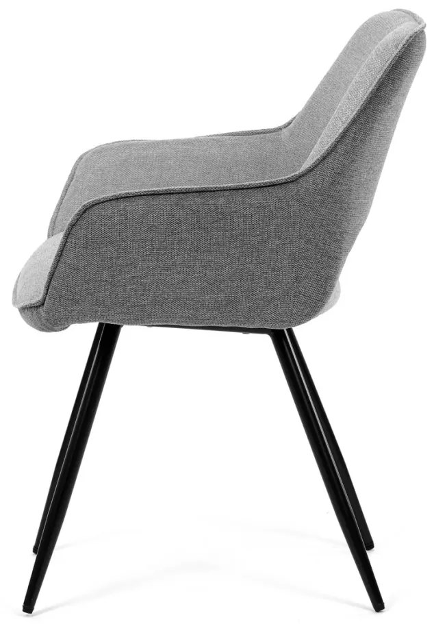 Scaun de sufragerie modern, în stil industrial, tapițerie din material gri, picioare din metal negru.
