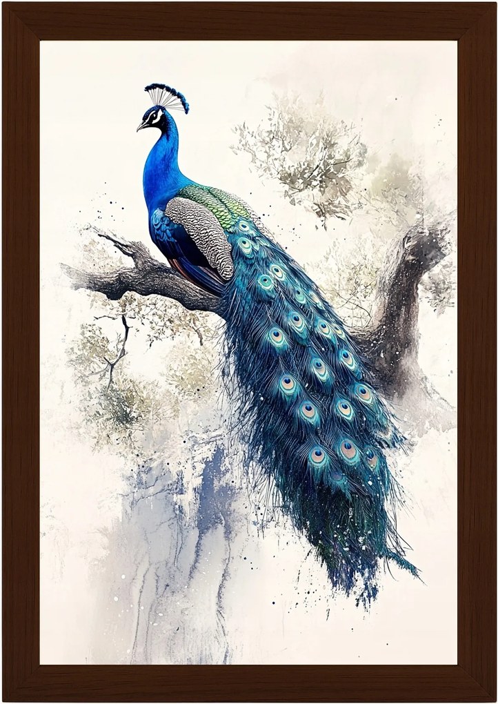 Poszter Keret Fa Grafika Természet Madár Kék Páva Toll 40x60
