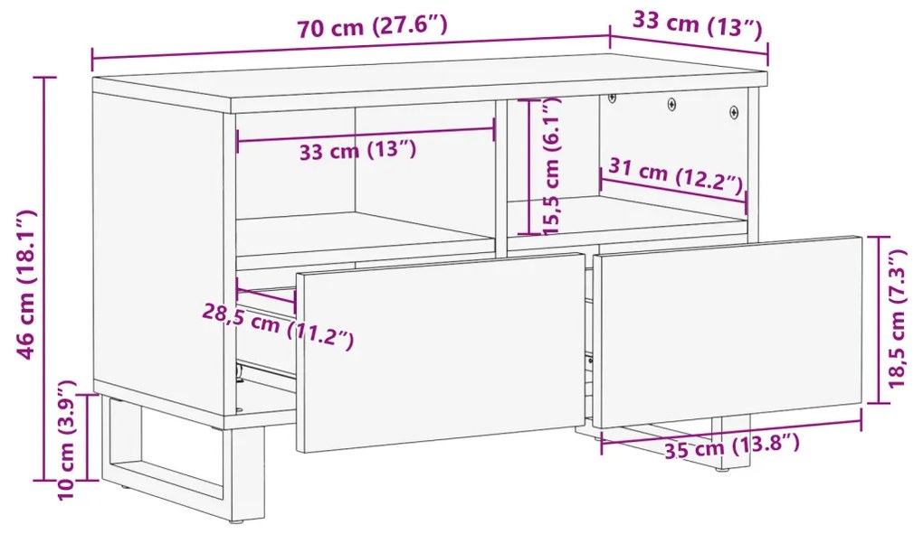 TV Szekrény - 70x33.5x46 cm, Tömör Mangóból