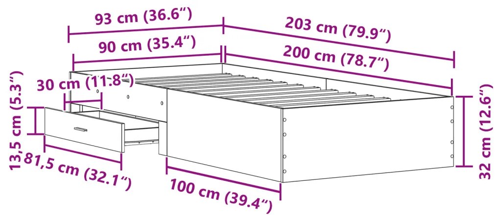 Ágykeret Fekete Tölgy 90x200 cm Műgyanta