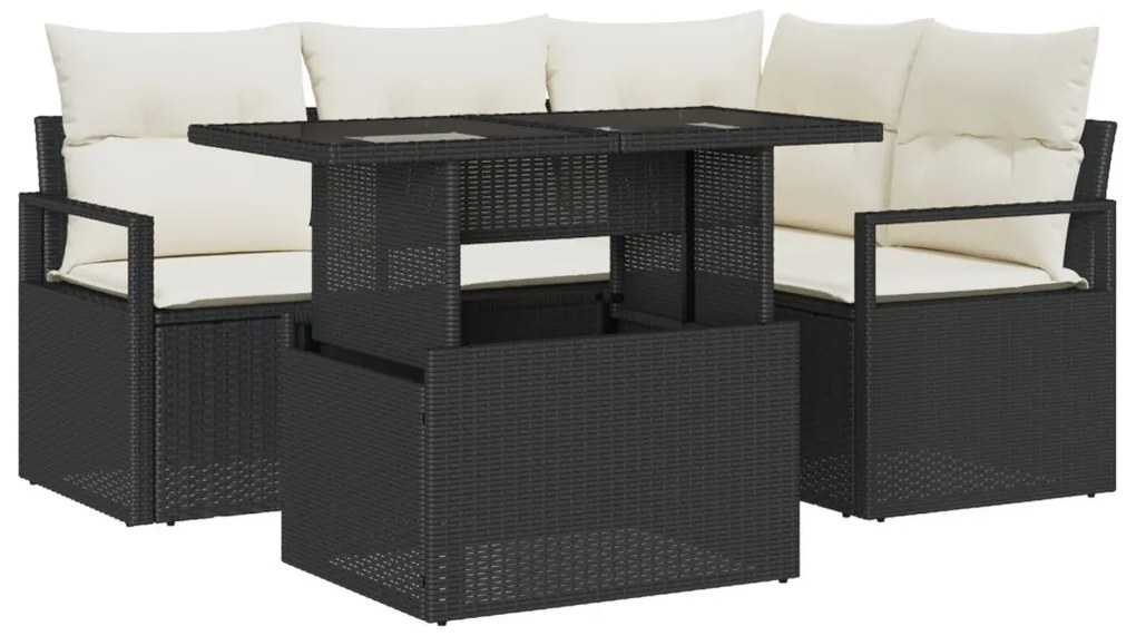 5 Darabos Kert Sofa Szett Párnákkal Fekete Poli Rattan, 2-Személyes Kert Sofa Tárolóval és Párnákkal Fekete Poli Rattan