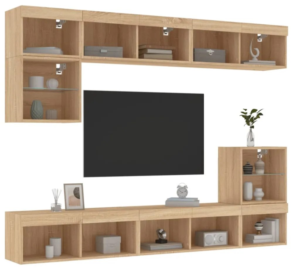 8 darab füstös tölgy színű szerelt fa TV-bútor LED-del