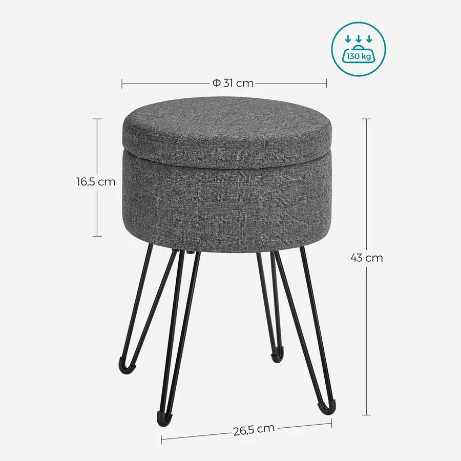 Puff, Kerek ülőke tárolóhellyel 31x43 cm ( (Ø x M), fém lábak, párnázott ülés, sötétszürke