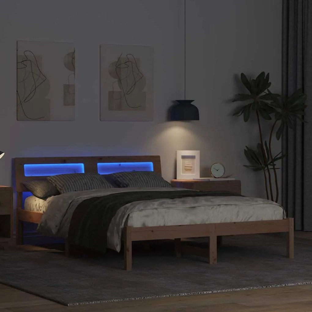 Ágykeret LED -es lámpákkal Barna 140 x 190 cm Tömör fenyőfa