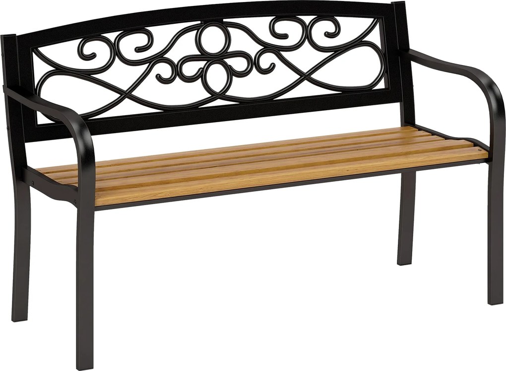 Outsunny 2 személyes kültéri kertipad fa ülőfelülettel és acélkerettel teraszra 127x56x80 cm fekete és természetes | Aosom