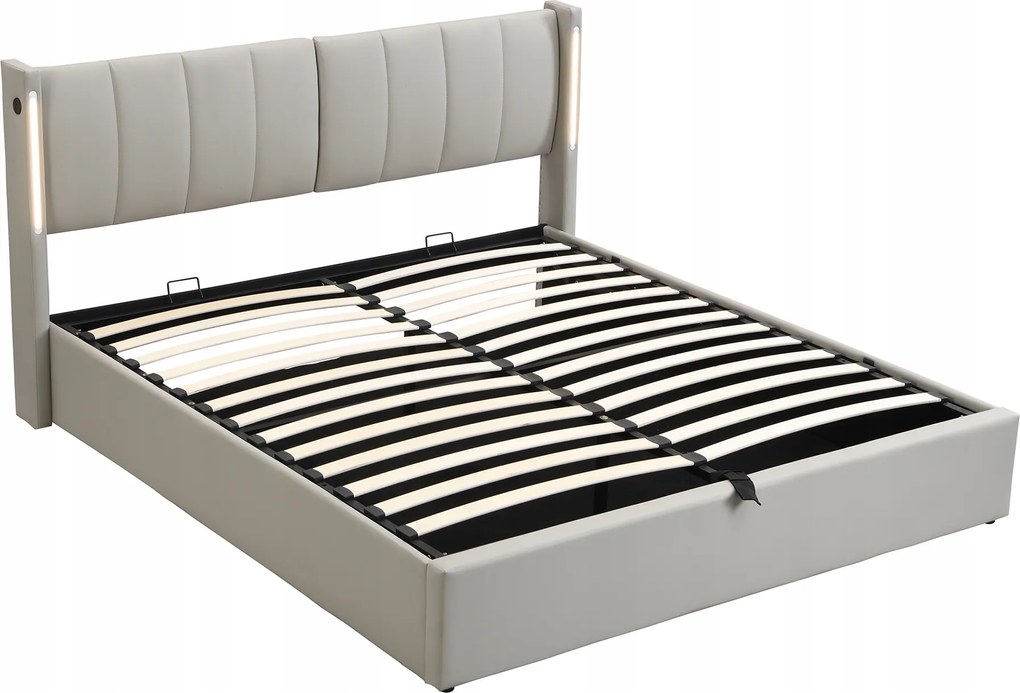 LED-es kárpitozott kétszemélyes ágy 160 x 200 cm Usb LED-es hidraulikus ágy