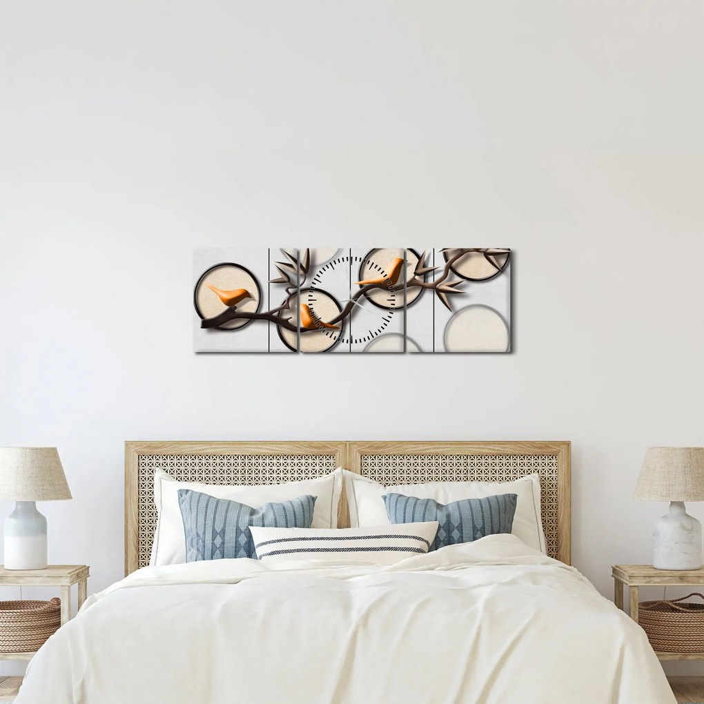Művészi kép - Madarak egy ágon (órával) (90x30 cm)
